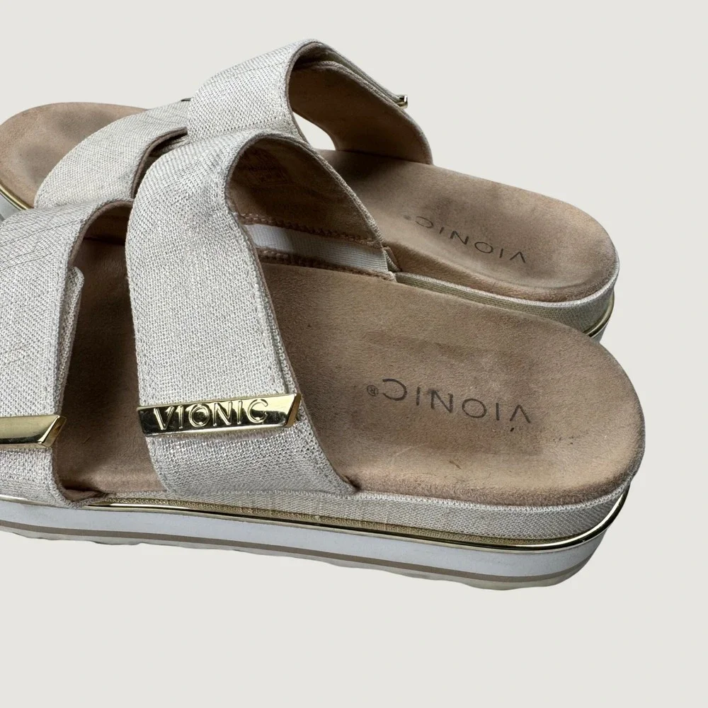 Vionic Brandie Sandals Women 9 Cream Gold Platform Slide Orthotic Comfort Casual